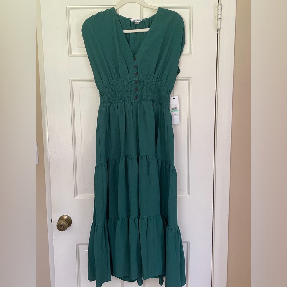 Calvin Klein Green Sleeveless Tiered Midi Dress $150 MSRP